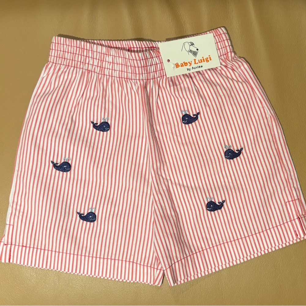 Red and White Striped Shorts with Whale Embroidery